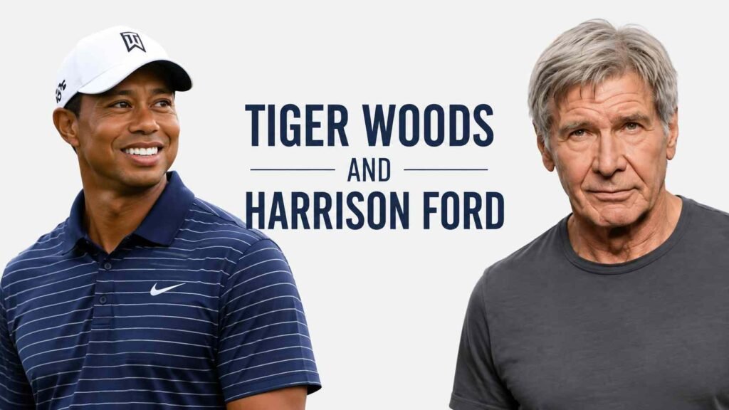 Tiger Woods and Harrison Ford
